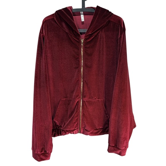 Fabletics Tops - Fabletics Hoodie Women 3X Burgundy Velvet Zip Up Athleisure Y2K Velour Jacket